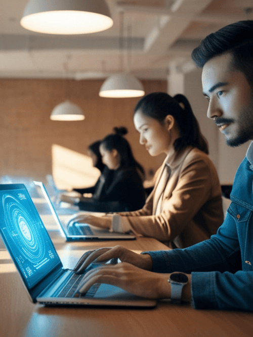 Students at CATS using laptops for online mock tests and digital learning modules in a modern study hall.