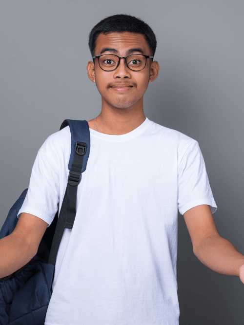 CATS student shrugging with a backpack, looking unsure about education or career choice