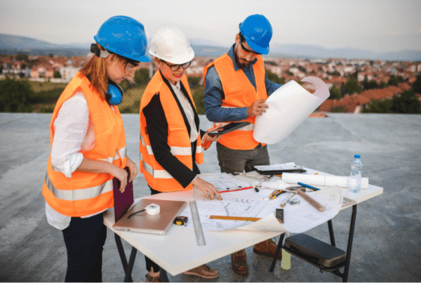 Civil engineering and architecture students reviewing construction blueprints, showcasing career-oriented training at CATS (College of Admission Tests).